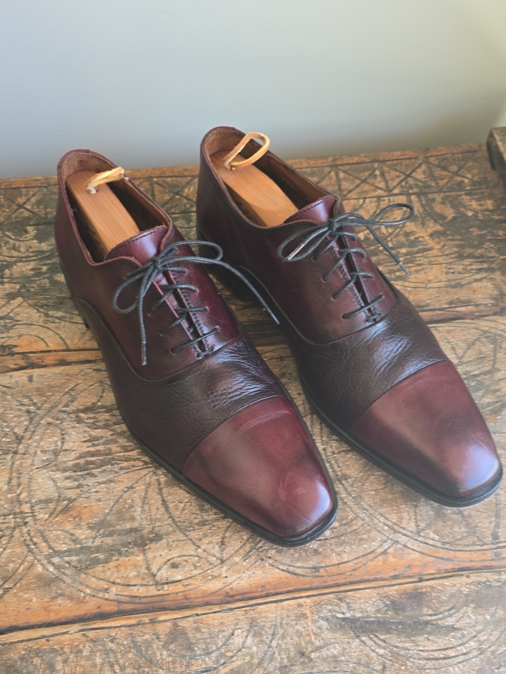 Massimo Matteo Two-Tone Cap-Toe Oxfords in Burgundy and Dark Burgundy